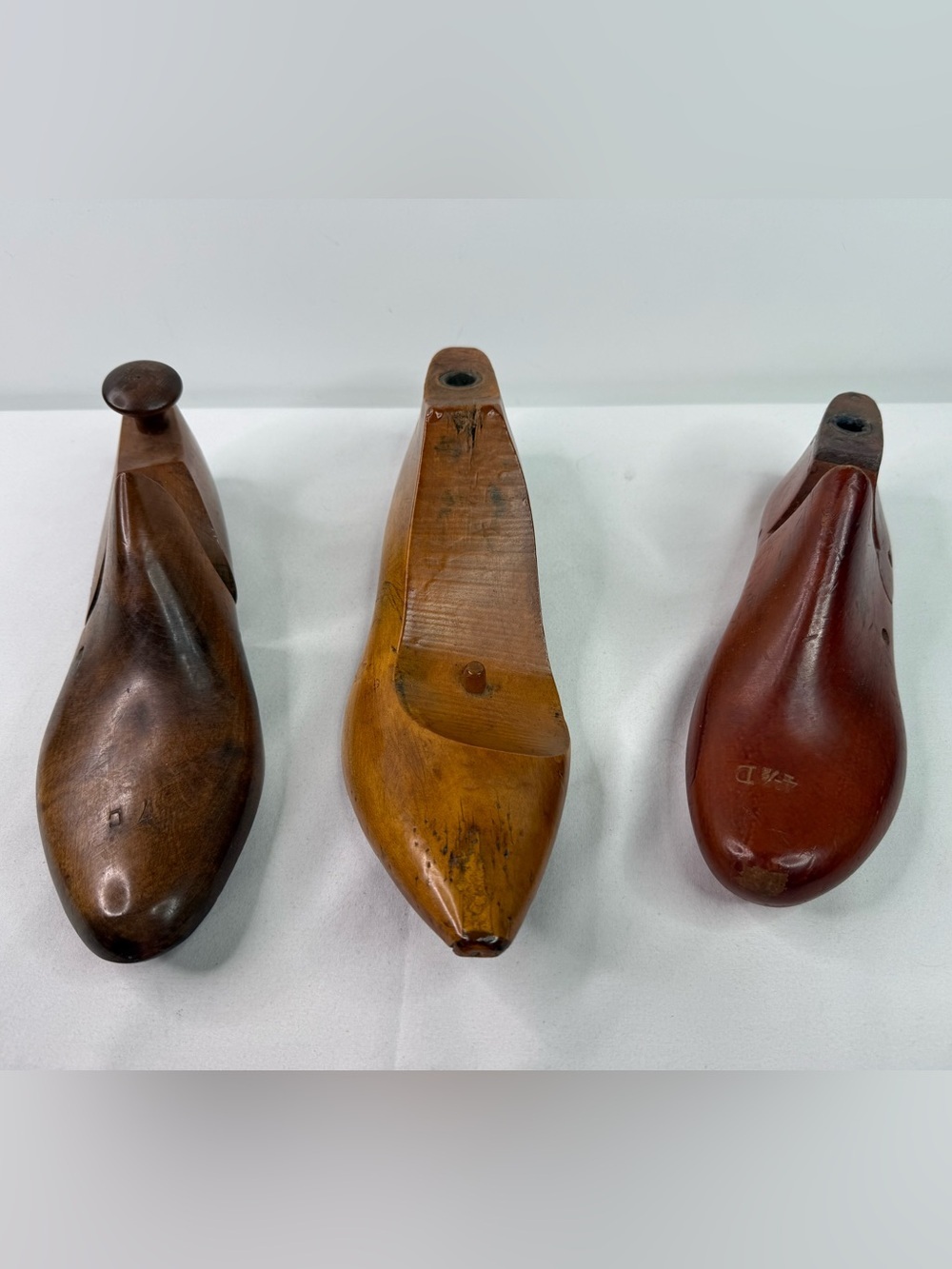 Vintage Brown Wooden Shoe Lasts Trio Cobbler Mold Shoe Horn Decor